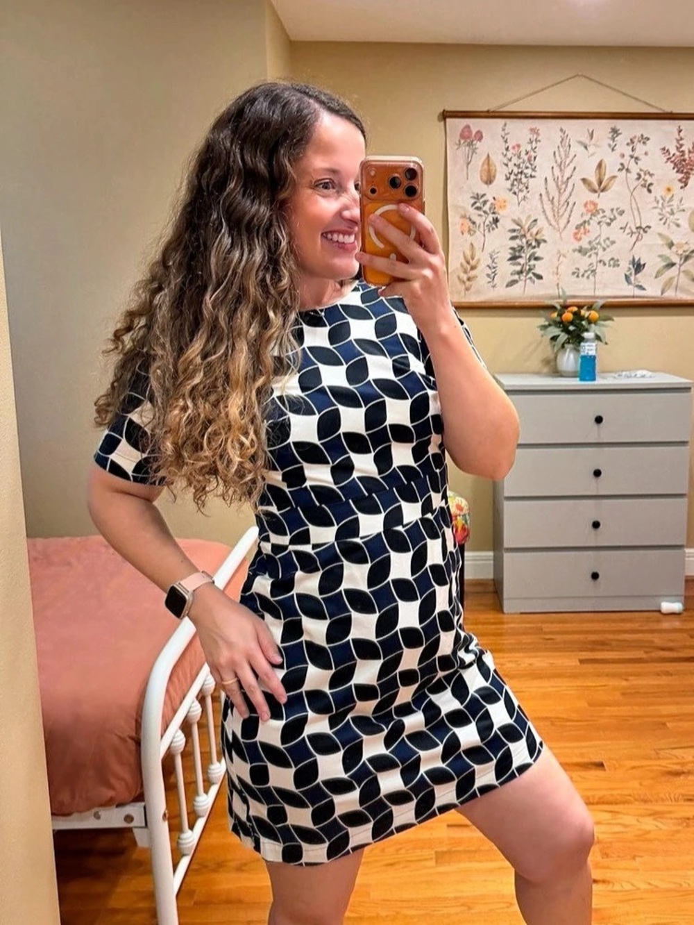 Boden Geometric Short Sleeve Dress in Blue & Black Size 6